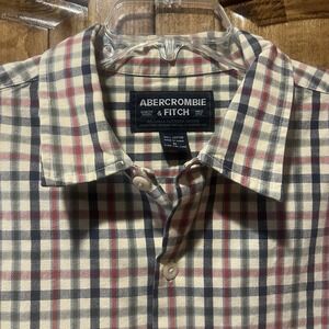 Abercrombie & Fitch Shirt Mens Medium Tan Multicolor‎ Plaid Short Sleeve Button